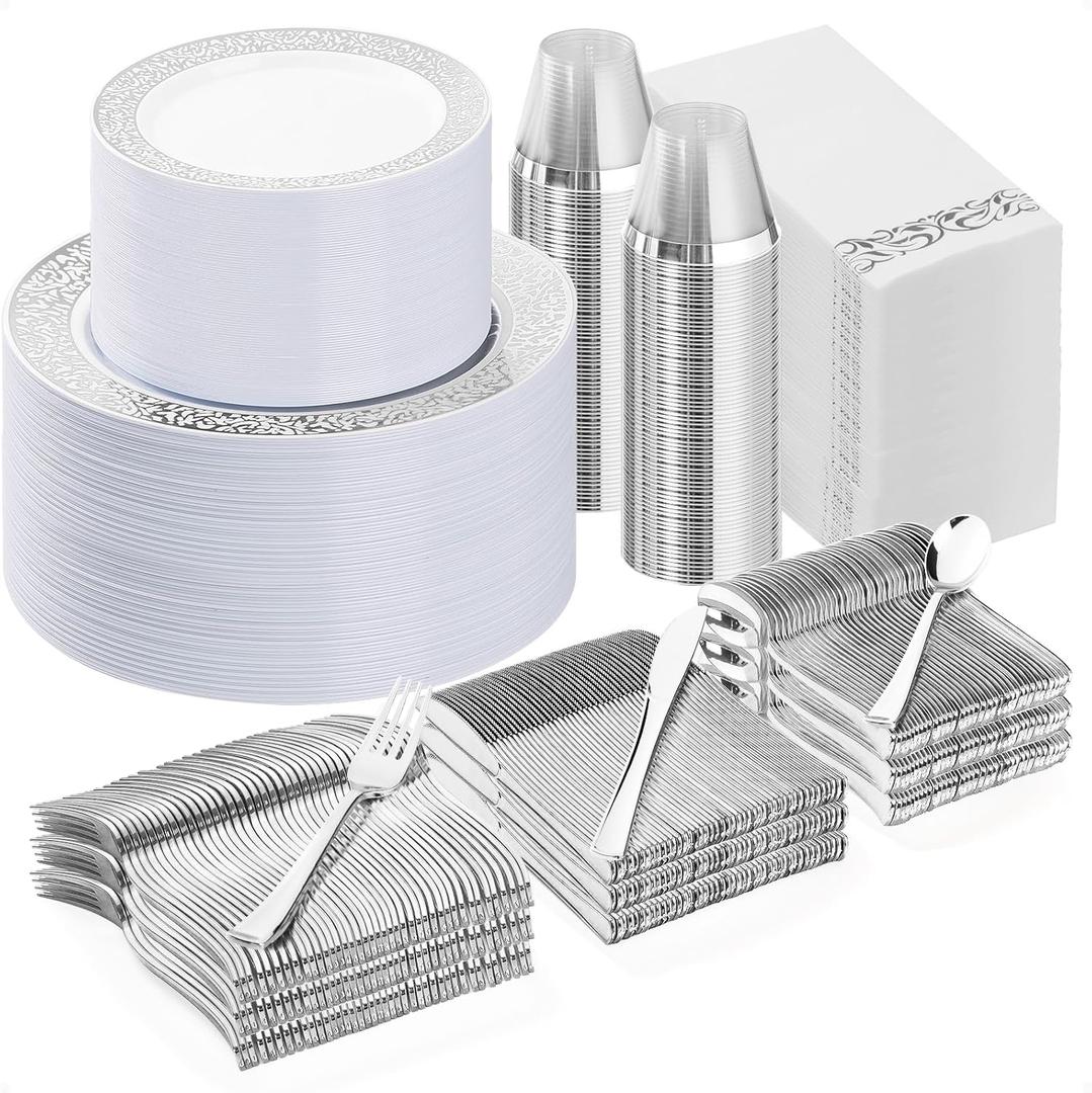 Bestluck 700PCS Silver Plastic Dinnerware Set for 100 Guests, Disposable Plates for Party, Include 100 Dinner Plates, 100 Dessert Plates, 100 Set Silver Silverware, 100 Cups, 100 Napkins