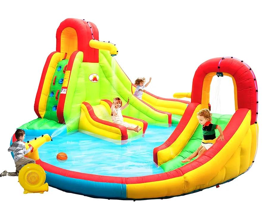 Heavy Inflatable Water Slide Park, Double Slide Climbing Wall Fountain for Outdoors