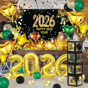 2026 Novel Happy New Year Eve Party Decorations Set with Happy New Year Backdrop, Black and Gold Confetti Balloons, Clear Balloon Box, Gold Party Confetti Pack & Heart Star 2026 Number Foil Balloons