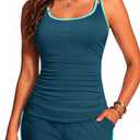 Women Tankini Swimsuit with Shorts - Two Piece Tummy Control Bathing Suit with Pockets 2025 Swimwear (Large, Teal and Green)