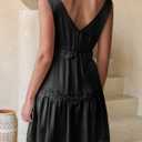 Wenrine Womens Summer Sleeveless Mini Dress Casual Satin Lace V Neck Tiered Ruffle Loose Sexy A Line Babydoll Dresses Black, Large