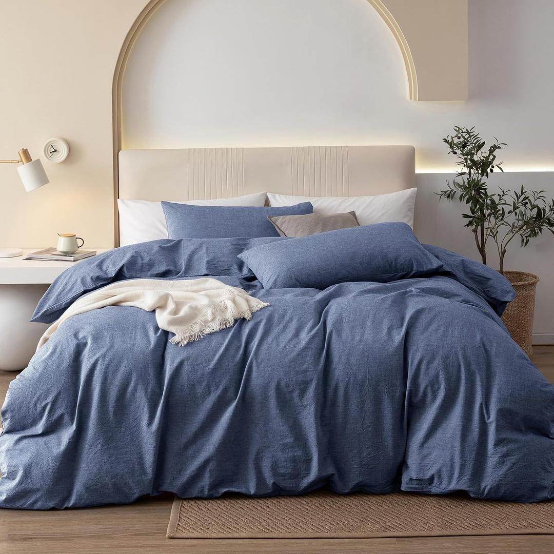 JIYUAN Queen Size Duvet Cover Set, 3-Piece - 100% Washed Cotton, Linen-Like Soft & Breathable with Zipper Closure, Includes 90x90 Inch Cover & 2 Pillowcases, Heathered Blue