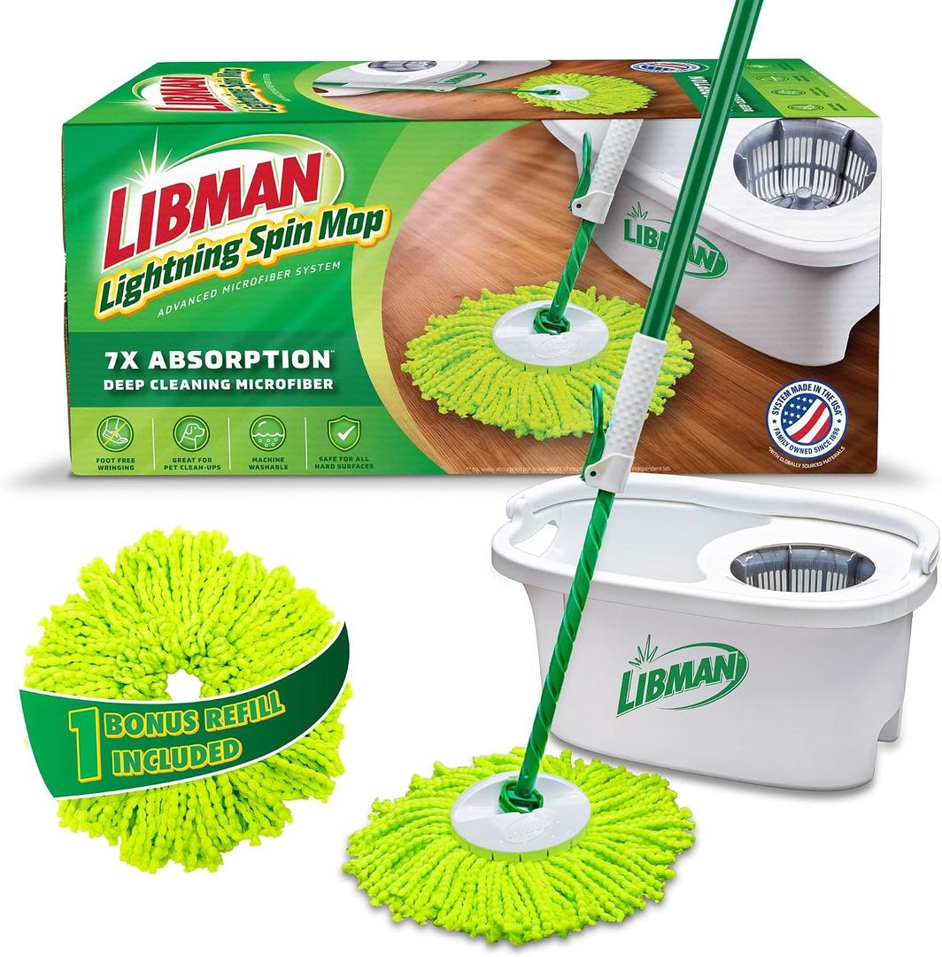 Libman Lightning Spin Mop System Plus 1 Refill Head | Mop and Bucket with Wringer Set | Floor Mop | Spin Mop | Libman Mop | Mops for Floor Cleaning | Hardwood Floor Mop | 2 Total Mop Heads Included