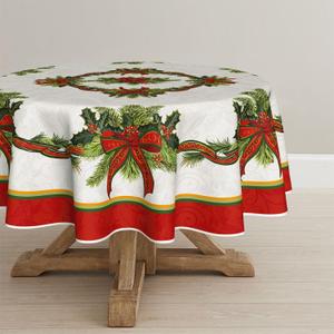 Horaldaily Christmas Tablecloth 7070 Inch Round, Poinsettia Golden Ribbon Washable Table Cover for Party Picnic Dinner Decor (Red)