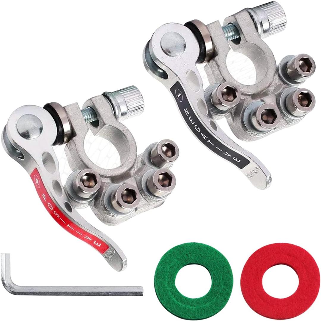 Ampper Brass Quick Release Battery Terminal Connector Clamps, 4 Way Top Post Battery Terminal Protector Set for SAE/JIS Type A Posts (Tinned Brass, 1 Pair)