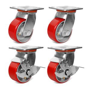 3200 lb Capacity Industrial Caster Wheels with Polyurethane & Cast Iron, Swivel Plate Casters for Platform Trucks, U-Boat Carts, Military Equipment (2 Brake &2 Swivel)