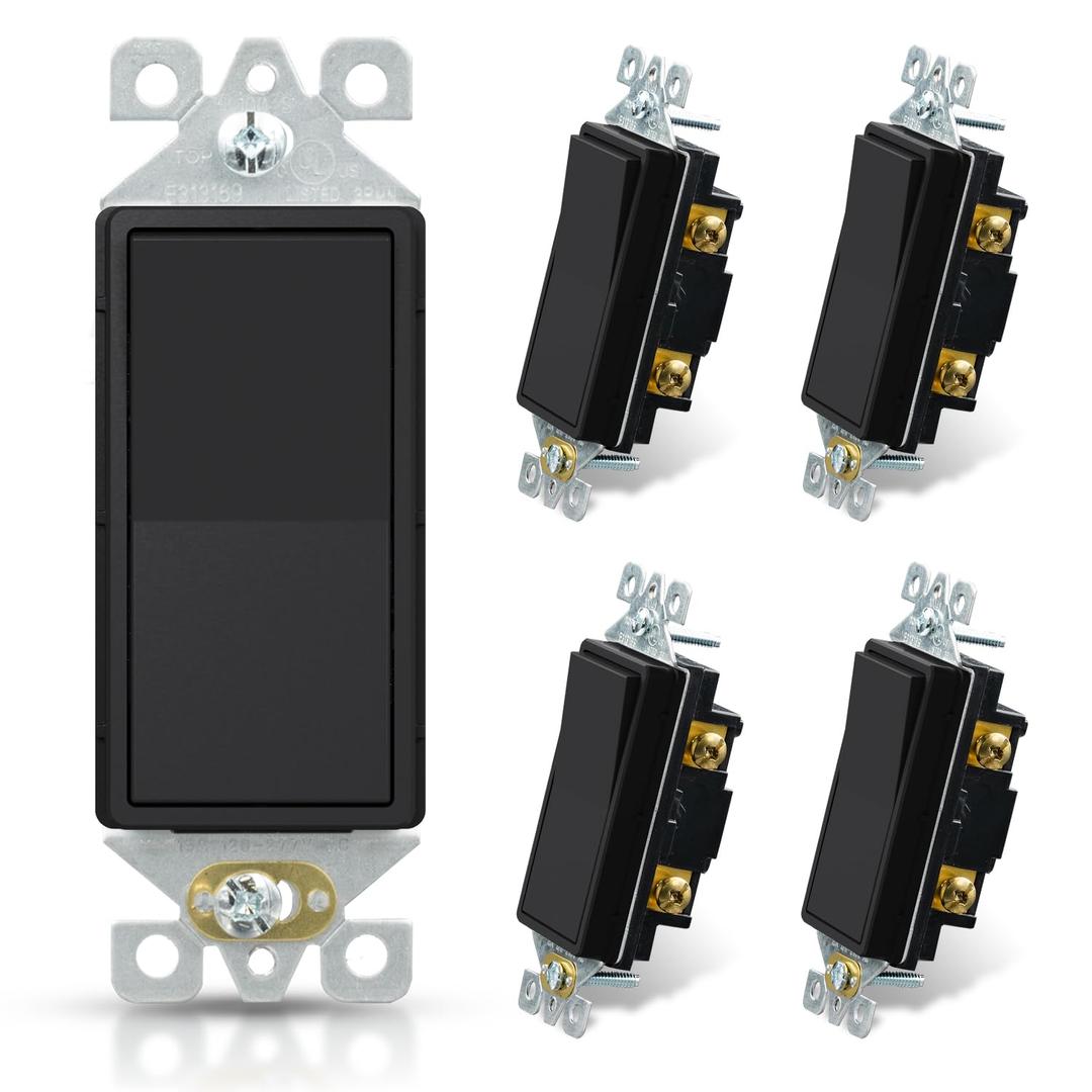 ELEGRP Matte Black Single Pole Decorator Light Switch, 15Amp, 120-277V, Decorative Paddle Rocker Switch Replacement, On/Off Wall Switch, Self-Grounding, Residential/Commercial Grade, UL/CUL (5 Pack)