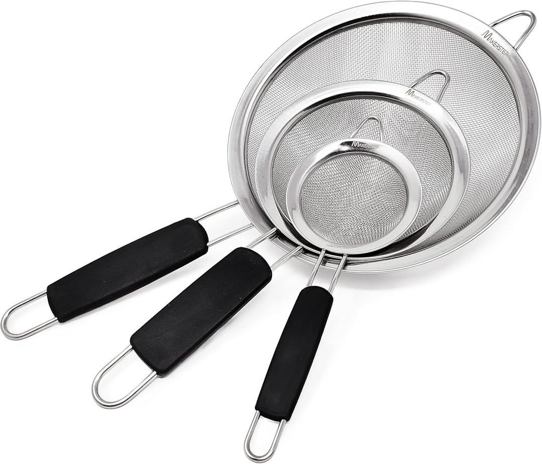 Makerstep Fine Mesh Strainer Set of 3, Stainless Steel 3.38", 5.5", 7.87" Strainers Wire Sieve Sifter with Insulated Handle Strainers for Kitchen Gadgets Tools