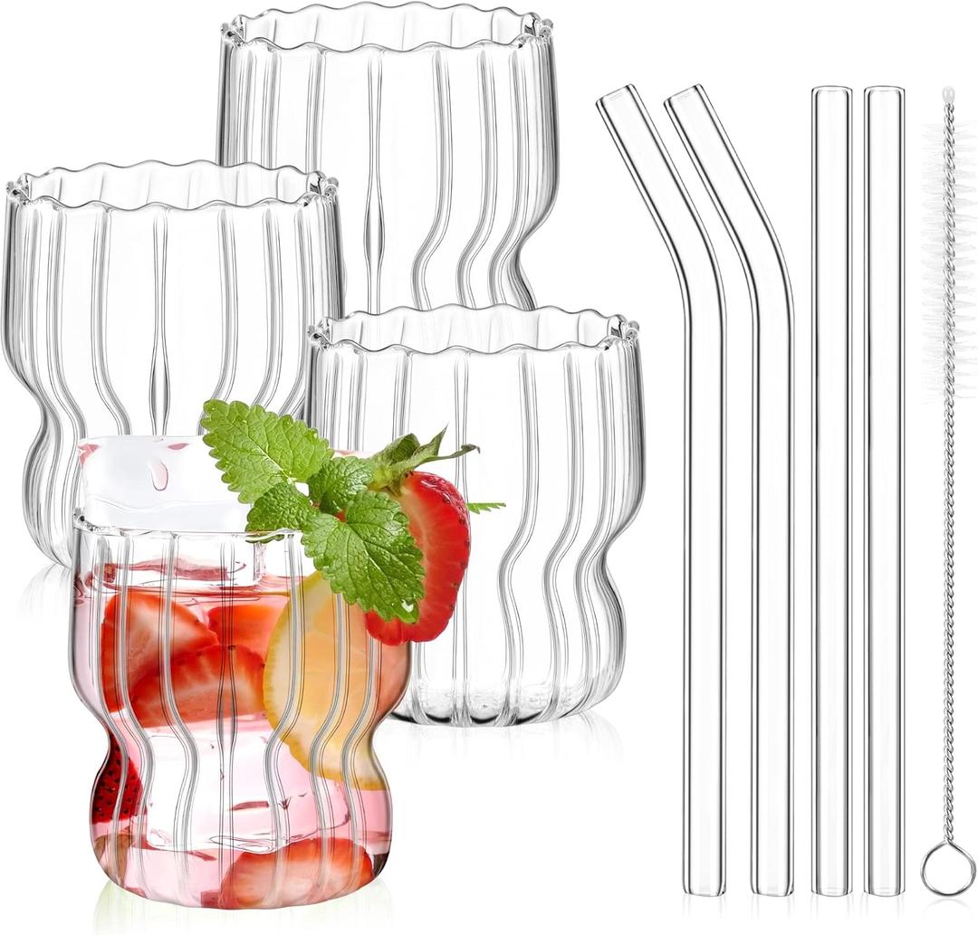 Tessco 4 Pieces Ribbed Glass Cups with Straws 8.8 oz Ripple Drinking Glasses Set Fluted Glassware Ribbed Origami Style Cup for Iced Coffee, Cocktail, Water, Juice, with 4 Glass Straws and Straw Brush