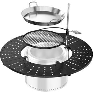 onlyfire Direct Mount Tabletop & Cooking Kit Combo for Solo Stove Bonfire 19.5 inch Fire Pit, 40" Round Heat-Resistant Surround Tray, Height-Adjustable Swivel BBQ Grate, Stainless Steel Griddle Plate