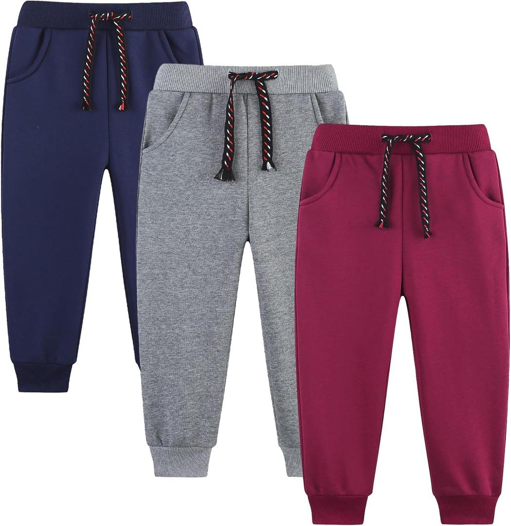 Funnymore 3 Pack Boy's and Girl's Fleece Pull on Jogger Sweatpant with Pockets and Drawstring, Size 3 Years