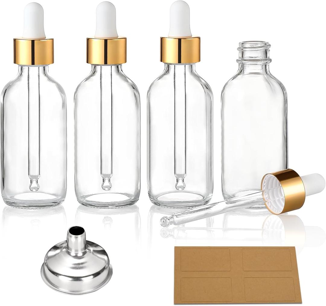 AOZITA 4 Pcs, 1 oz Golden Cap Clear Dropper Bottles (30ml) with 1 Funnel & 4 Labels - Glass Tincture Bottles with Eye Droppers - Leakproof Essential Oil Bottles for Health, Personal Care & Beauty