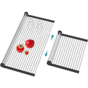 BBXTYLY Extra Large Expandable Roll Up Dish Drying Rack, Over The Sink Drying Rack Sink Cover Kitchen Sink Accessories Kitchen Rolling up Stainless Steel Drainer, Foldable, Rollable, Black, 25.1''-17.3''