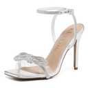 BiuYorBTY Women's Double Bowknots Heels Crystal Sandals, Silver Strappy High Heels for Women Open SquareToe Clear Heels Wedding Shoes Ankle Strap Crystal Rhinestonefor, Size: 10