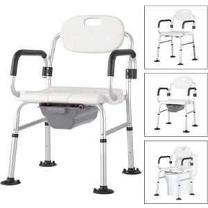 Bedside Commode Chair for Elderly, Versatile 3 in 1 Shower Chair with Arms and Back, Raised Toilet Seat with Removable Commode, Adjustable Leg Height, Non-Slip Seat, 400 lbs Capacity