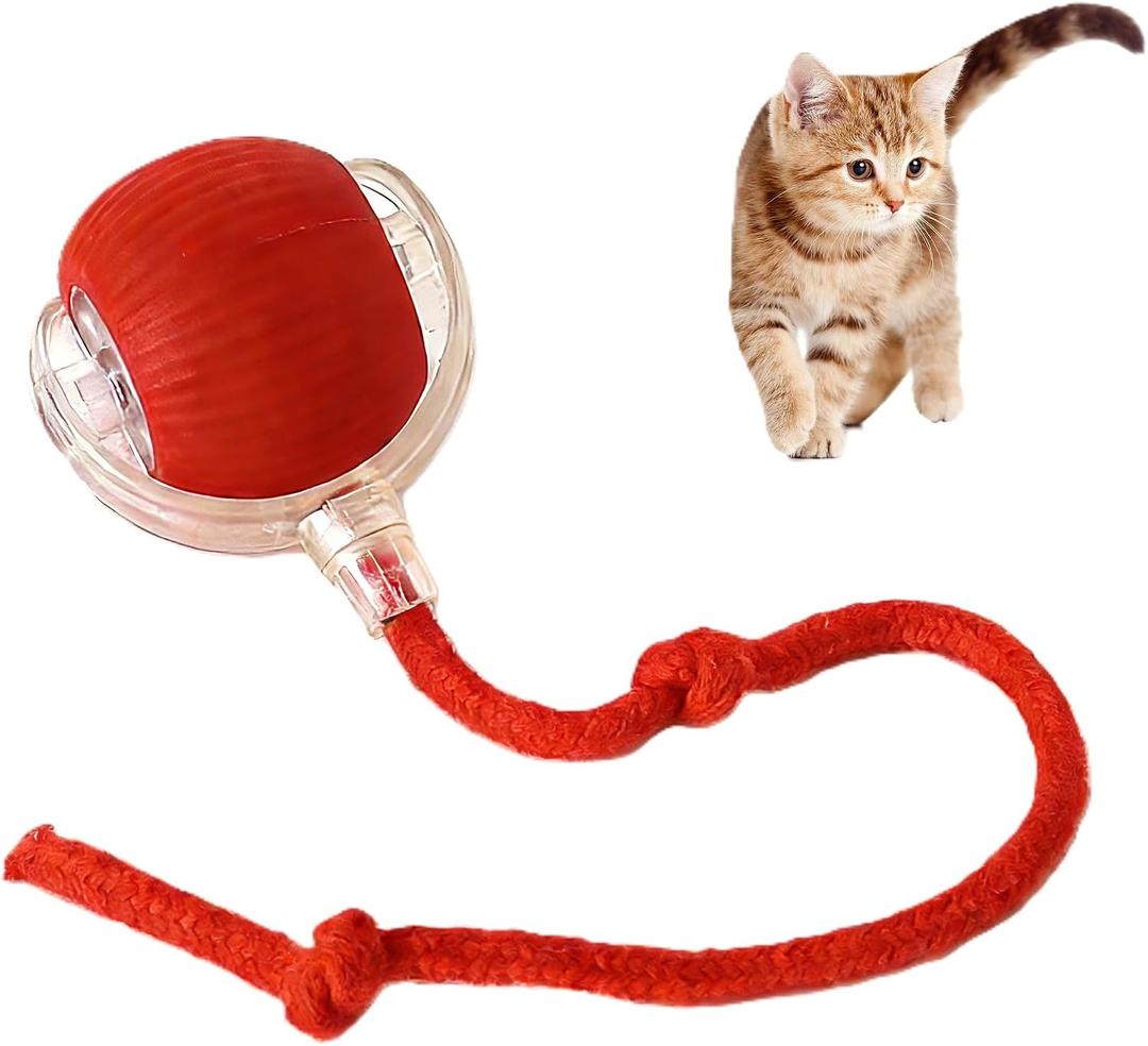 Interactive Cat Toy Rolling Ball with Tail, Motion Activated Indoor Cats USB Rechargeable, Bird Chirp & 3 Speed Modes, Durable Silicone, Automatic Self-Moving, Relieve Boredom & Stimulate Curiosity, Red