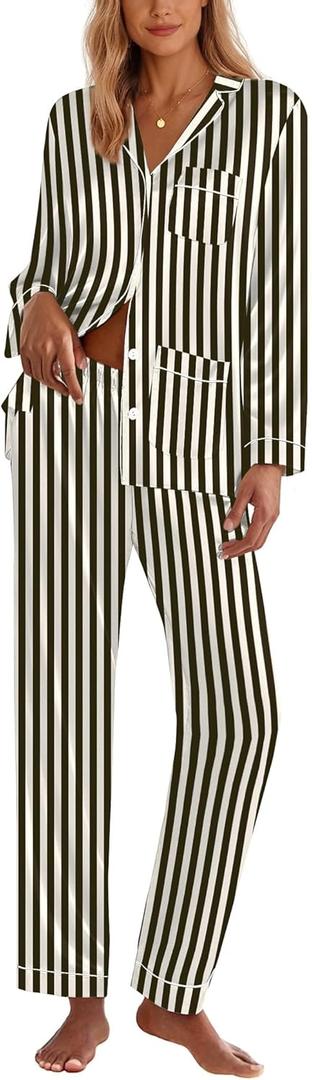 Ekouaer Silk Pajamas for Women Classic Button Down Satin Pajama Sets Long Sleeve Lounge Set (X-Large, Black Champagne Stripe)