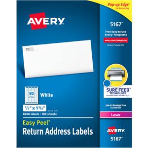 Avery Printable Return Address Labels with Sure Feed, 0.5" x 1.75", White, 8,000 Blank Mailing Labels (05167)