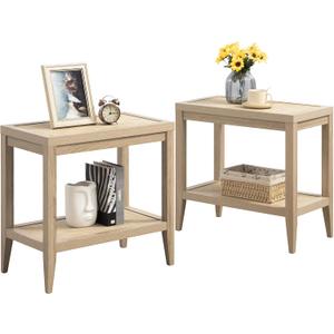 SICOTAS Rattan Nightstands Set of 2 - Boho Shelf Bedside Tables Narrow End Table Living Room Set of 2 Side Table with Rattan Storage Shelves for Small Space - Light Oak