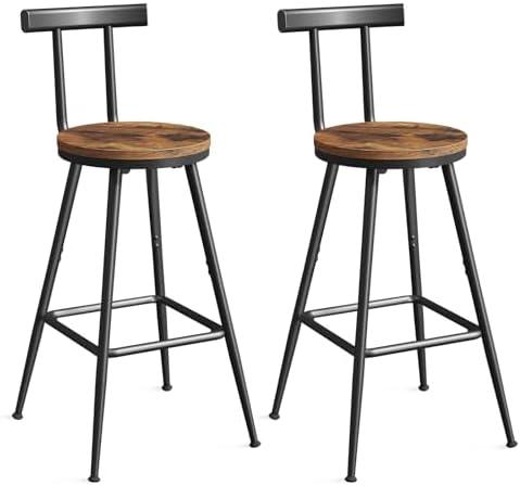 MAHANCRIS Bar Stools, Set of 2 Bar Chairs with Backrest and Footrest, 26" Tall Counter Stools, Metal Frame, Adjustable Feet, Easy Assembly, for Kitchen, Living Room, Pub, Rustic Brown BAHR6001