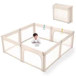 Doradotey Baby Playpen Foldable for Toddlers 1-3, Size and Shape Adjustable Enclosure, 8-Panels Detachable Gate 79x71 Large Indoor Playard, Easy Assembly and Clean, Safety Fence Play Area, Khaki