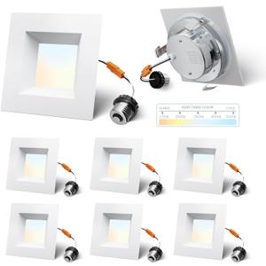 4 Inch Led Recessed Lights Square,Led Downlight Square White,with Baffle Anti-Glare,5CCT 2700K-5000K Dimmable,9W 800LM,ETL & ES(6 Pack)