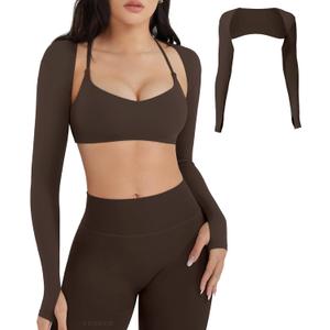 YEOREO Women Crop Top Long Sleeve Bolero Open Front Workout Cropped Shirts Sports Shrug, Coffee, Medium