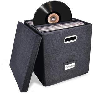 Sturdy Vinyl Record Storage Box - Album Storage Holds up 50+ Single Record | LP Storage Organizer Crate With Lid, Decorative Moving Box For Records, Solutions to Protect Your Precious Collection Black
