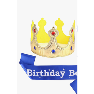 Birthday Boy Decorations Set - Crown Hat, Birthday Sash and Button Boy Pin - Photo Props Accessory Set for Birthdays Parties, Family Celebrations, Friend Gatherings