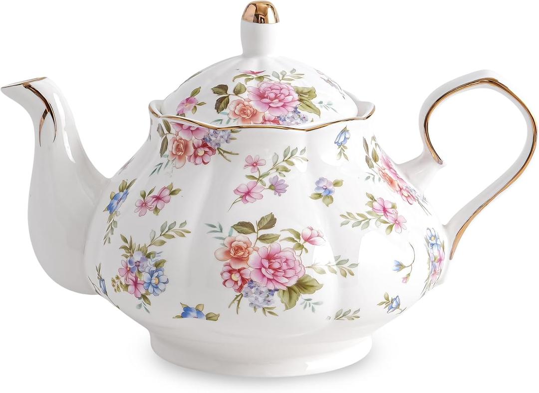 Agyiuns Flower Ceramic Teapot,22oz Porcelain Tea pot for Tea Coffee Milk for Office Home Men Women as Gift(White and small flowers)