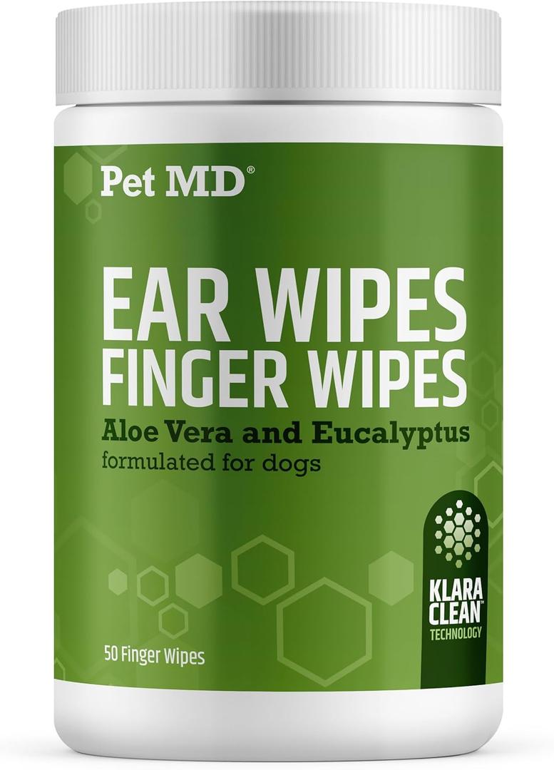 Pet MD Dog Ear Cleaning Wipes – Otic Cleanser for Dogs, Soothing Ear Care with Aloe Vera & Eucalyptus, Finger Wipes, 50 Count