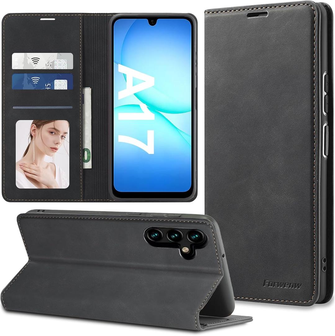 for Samsung Galaxy A17 Case Flip Leather Cover with Hinge Protection Funda, Slim Thin Magnetic A17 Wallet Case [1 Card Holder], Shockproof Protective Cover for Samsung A17 5g Phone Case (Black)