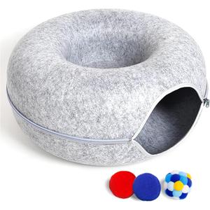 Large Cat Tunnel Bed for Indoor Cats with 3 Toys, Scratch Resistant Donut Cat Bed, Up to 30 Lbs (L 24x24x11, Light Grey)