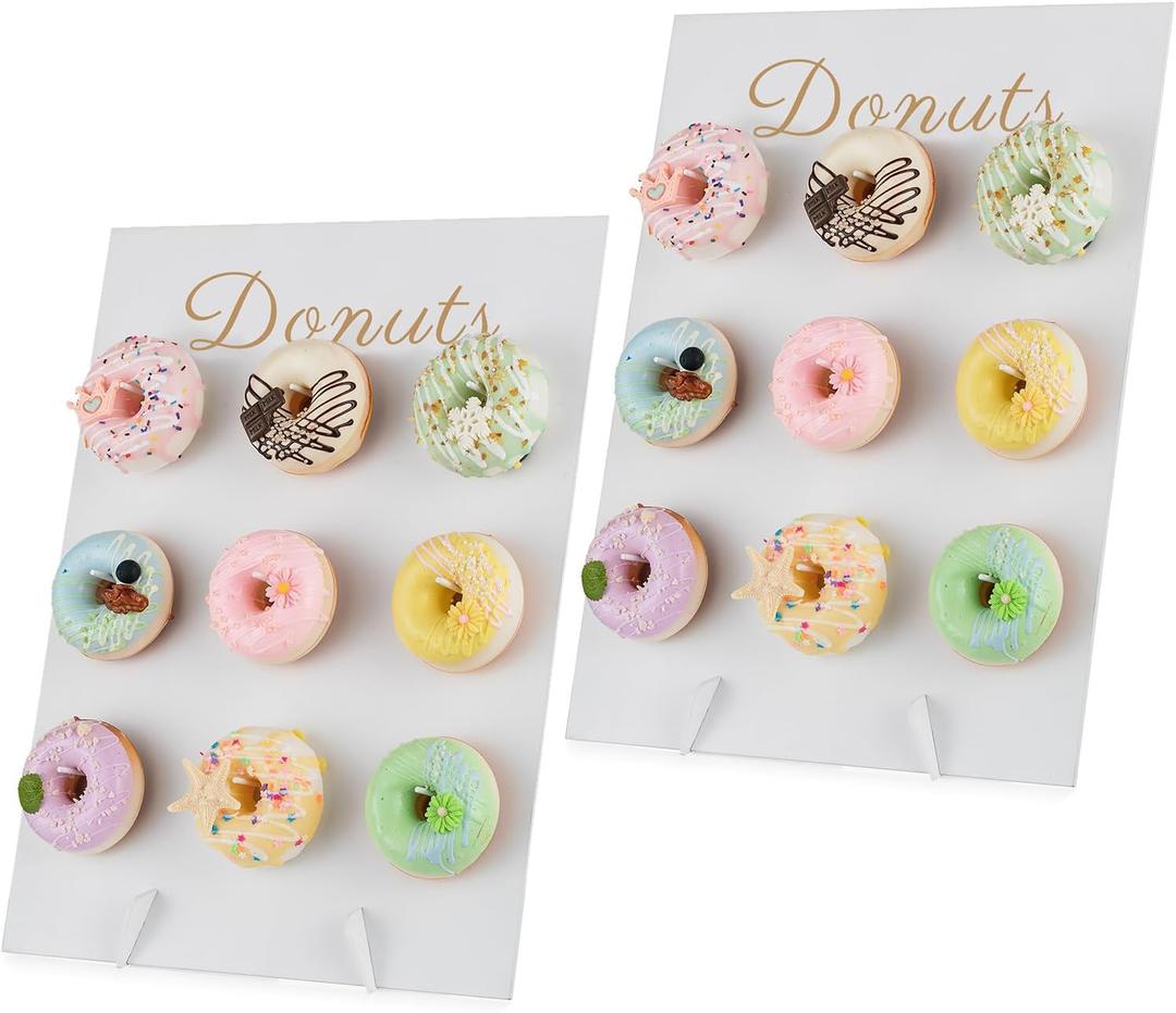 NUPTIO Donut Stand Wall Display: White Donuts Board 2pcs Wood Bagel Holder Reusable Sweet Treat Tower Rustic Doughnut Cake Stands For Party Wedding Birthday Bridal Baby Shower Decorations Supplies