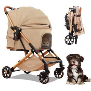 Pet Stroller with One-Click Folding & Storage Basket, for Small and Medium Dogs Up to 44lbs, Secure Zip Mesh Entry, Breathable & Washable for Cats,beige, Standard