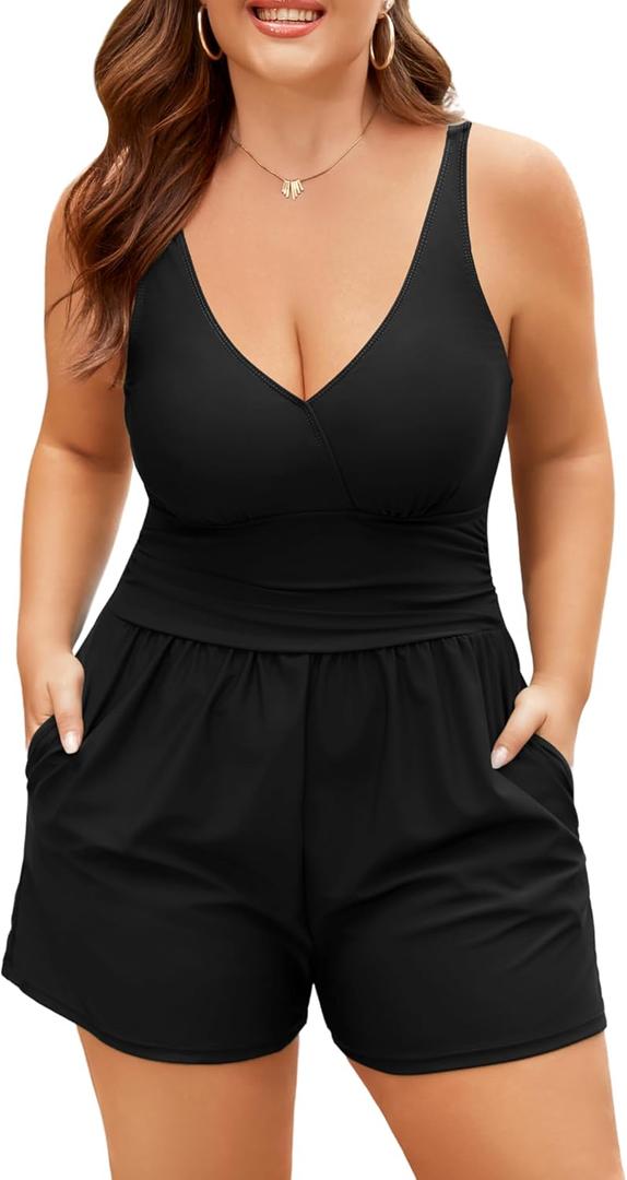 Plus Size Swim Romper Women One Piece Swimsuit Tummy Control Bathing Suit with Shorts Modest Full Coverage Swimwear (Black, XXXL)