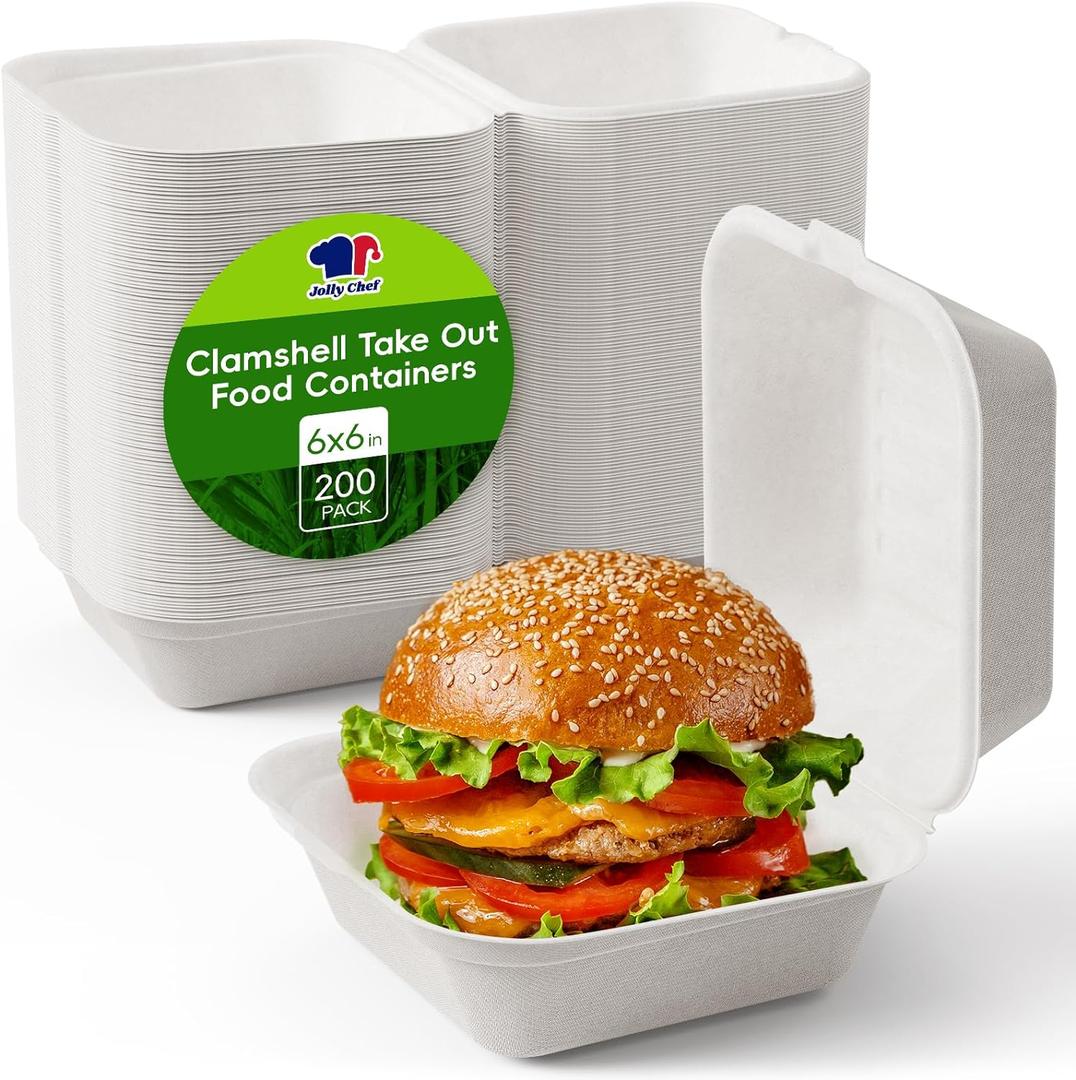 JOLLY CHEF Clamshell Take Out Food Containers, [6 * 6" 200-Pack] To Go Containers Disposable, Sugarcane To Go Boxes for Salad,Lunch