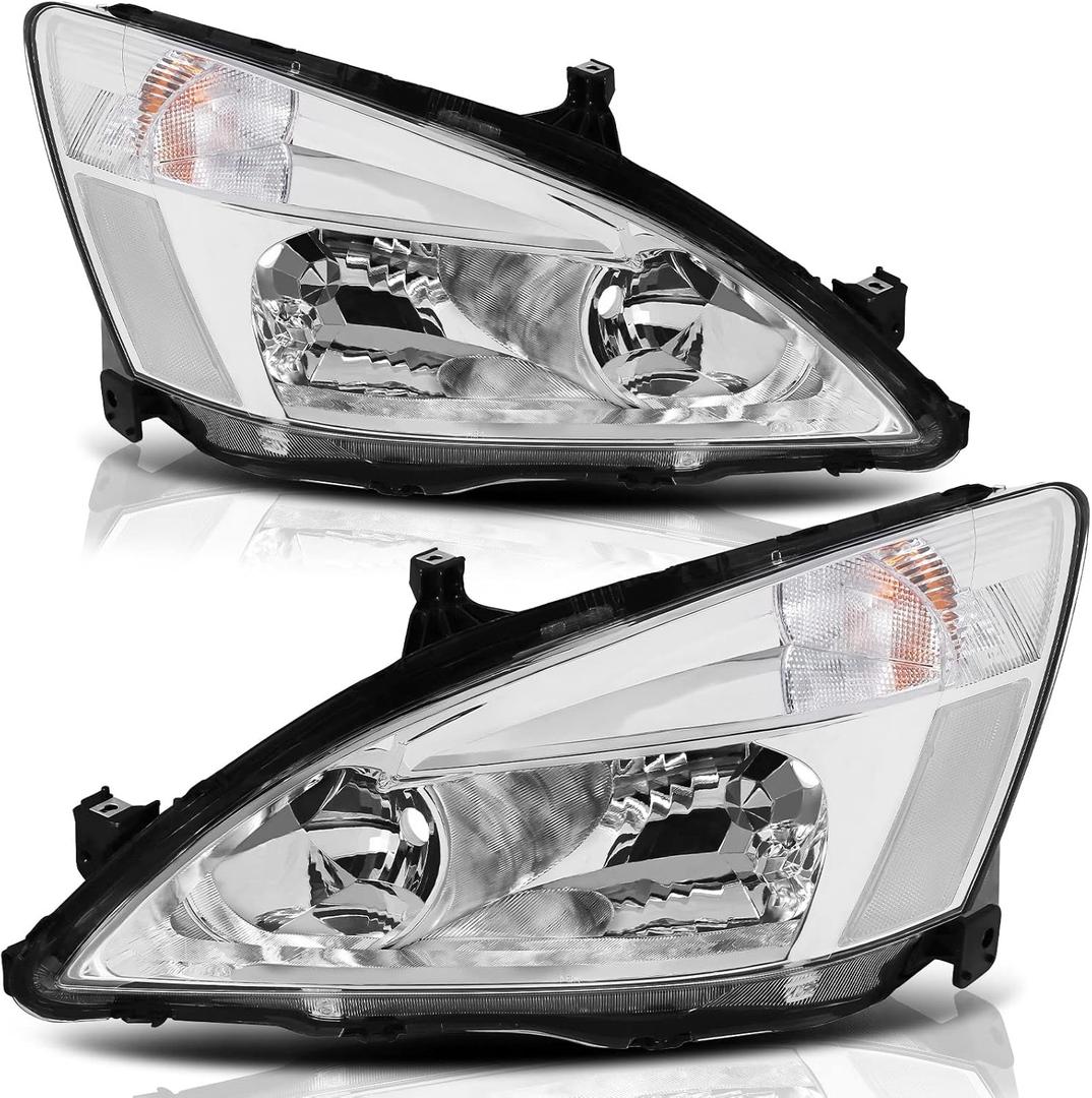 Headlight Assembly Compatible With 2003-2007 2003 2004 2005 2006 2007 03 04 05 06 07 Honda Accord Driver and Passenger Side (Chrome Housing Clear Reflector)