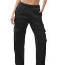 QIBABU Womens Fleece Cargo Sweatpants Casual Baggy Wide Leg Jogger Pants Athletic Open Bottom with Pockets(1777-Black-S-QB) M