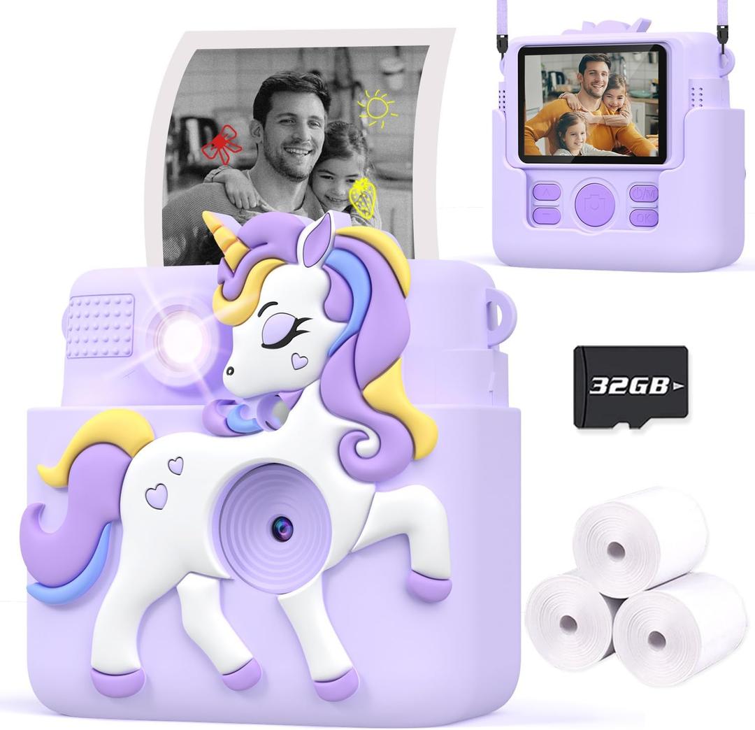 Kids Camera Instant Print Gifts for Girls Age 4-12, Instant Camera for Kids with Silicone Cover, 1080P Kids Digital Camera Toys for 3 4 5 6 7 8 9 10 Years Old Girls 32GB Card Lilac (Purple)