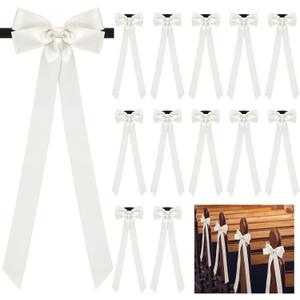 Mindsoft 12 Pcs Ivory Bows Wedding Aisle Decorations 3.94 x 11.8 inch Satin Bows for Chairs Decorative with Nylon Self-Adhesive Tape for Pew Back Elegant Ribbons for Wedding Background Aisle Decor