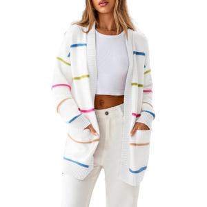 Sidefeel Cardigan Sweaters for Women Lightweight Striped 2025 Long Sleeve Open Front Loose Knit Sweaters Clothes (Medium, White Beige)