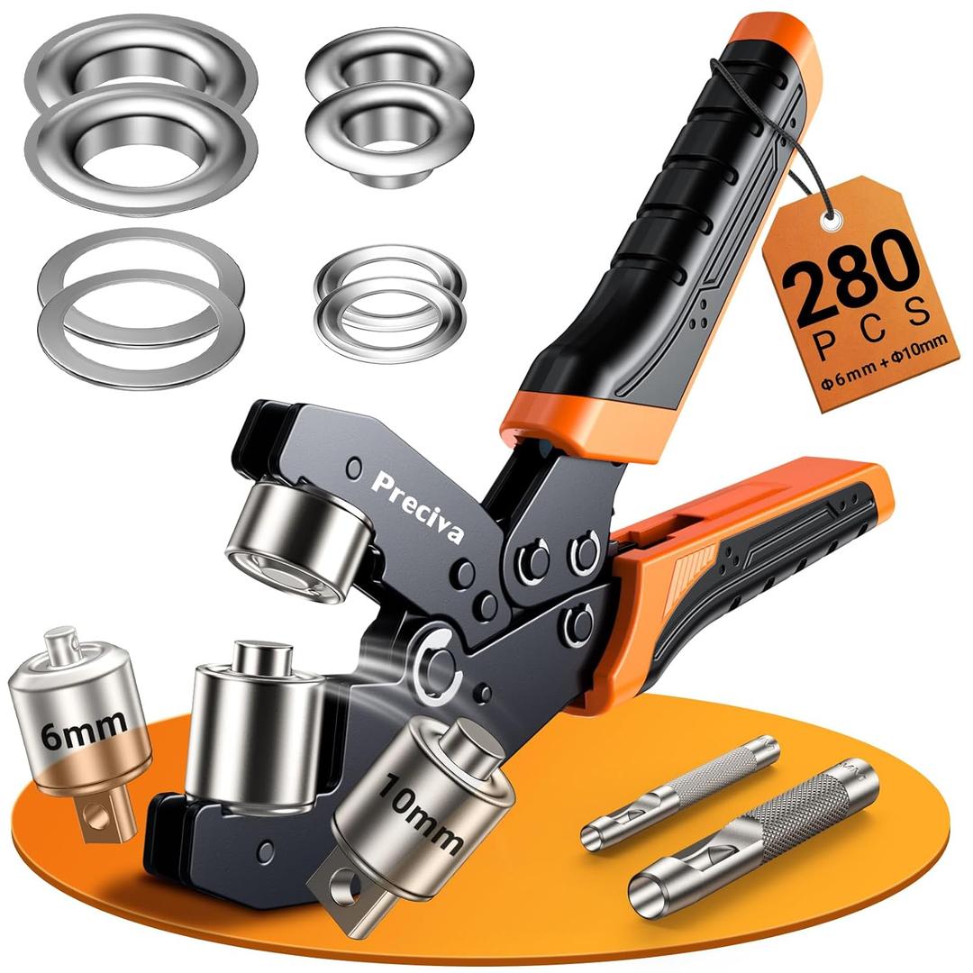 Preciva Grommet Tool Kit of 3/8" and 1/4", Interchangeable Double Head Handheld Grommet kit with 280pcs Eyelets and Grommets for Tarp Leather Fabric