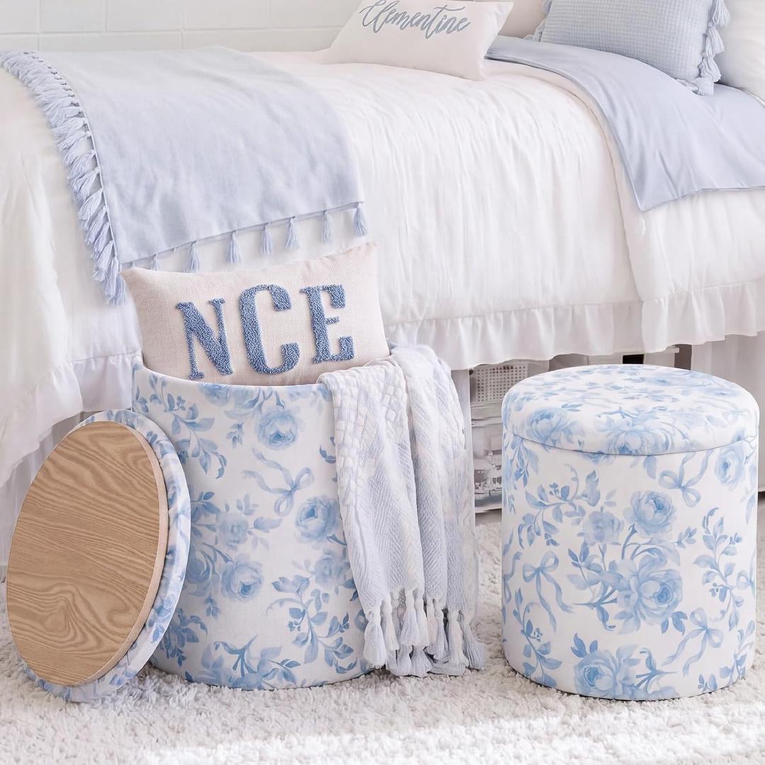 Geetery 2 Pcs Dorm Ottoman with Storage Blue Bow Floral Round Ottoman | Fancy Garden Coquette Storage Ottoman, Aesthetic Vanity Stool for Bedroom, Foot Stool for Living Room College Dorm, 2 Sizes, Small