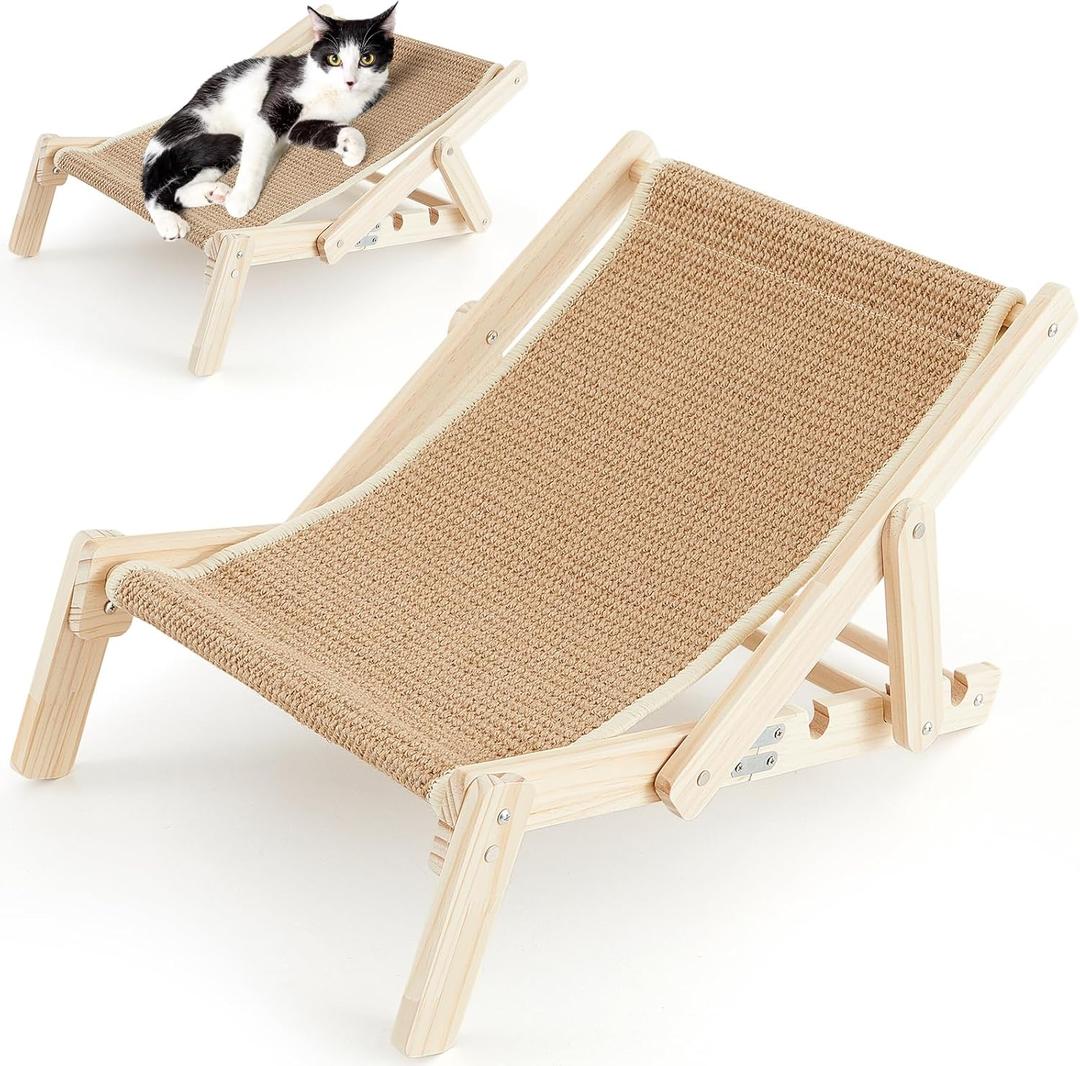 Juexica 21.7 x 15.8 x 13.8 Inch Cat Sisal Chair Adjustable Foldable Cat Hammock Beach Chair with Sisal Scratcher Wooden Kitty Lounger Kitten Elevated Bed for Indoor Nap Lounge Furniture