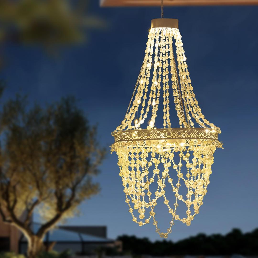 Solar Hanging Acrylic Crystal Chandelier Outdoor Garden Decorative Lights Powerful Lithium Battery 54 Warm LEDs Easy Hanging Waterproof Outdoor Lantern for Valentine Garden Gazebo, Party, Wedding,Tree