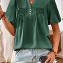Womens Summer Tops Lantern Short Sleeve V Neck Blouses Dressy Casual Loose Fit Button Down Shirt for Women (Green, M)