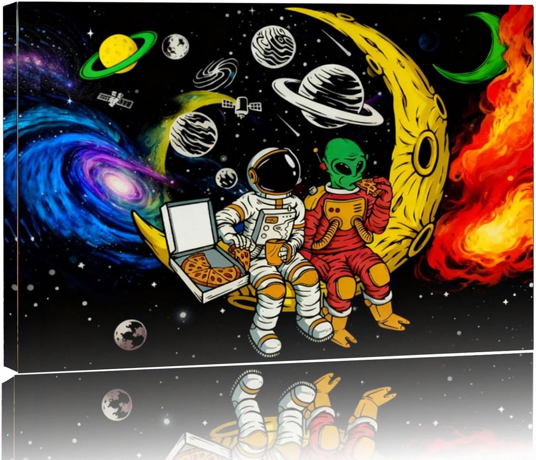 Space Astronaut Alien Pizza Party Canvas Wall Art Black Cosmic Prints, 24"L x 16"W