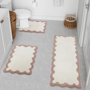 Uphome Scalloped 3-Piece Bathroom Rug Set - Pink Non-Slip Absorbent Runner with U-Shaped Contour Toilet Mat - Machine Washable Shaggy Bathroom Mats for Tub & Shower (18"x26"+18"x47"+U Shape 20"x24")
