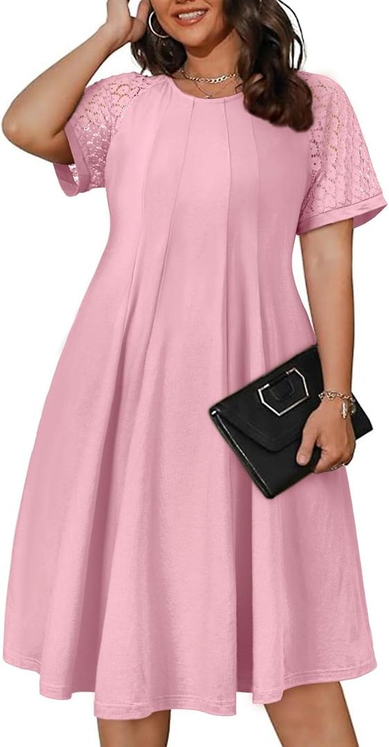 Eytino Womens Plus Size Dress Lace Short Sleeve Crewneck Casual Pleated Swing Midi Dresses with Pockets (4X, Light Pink)